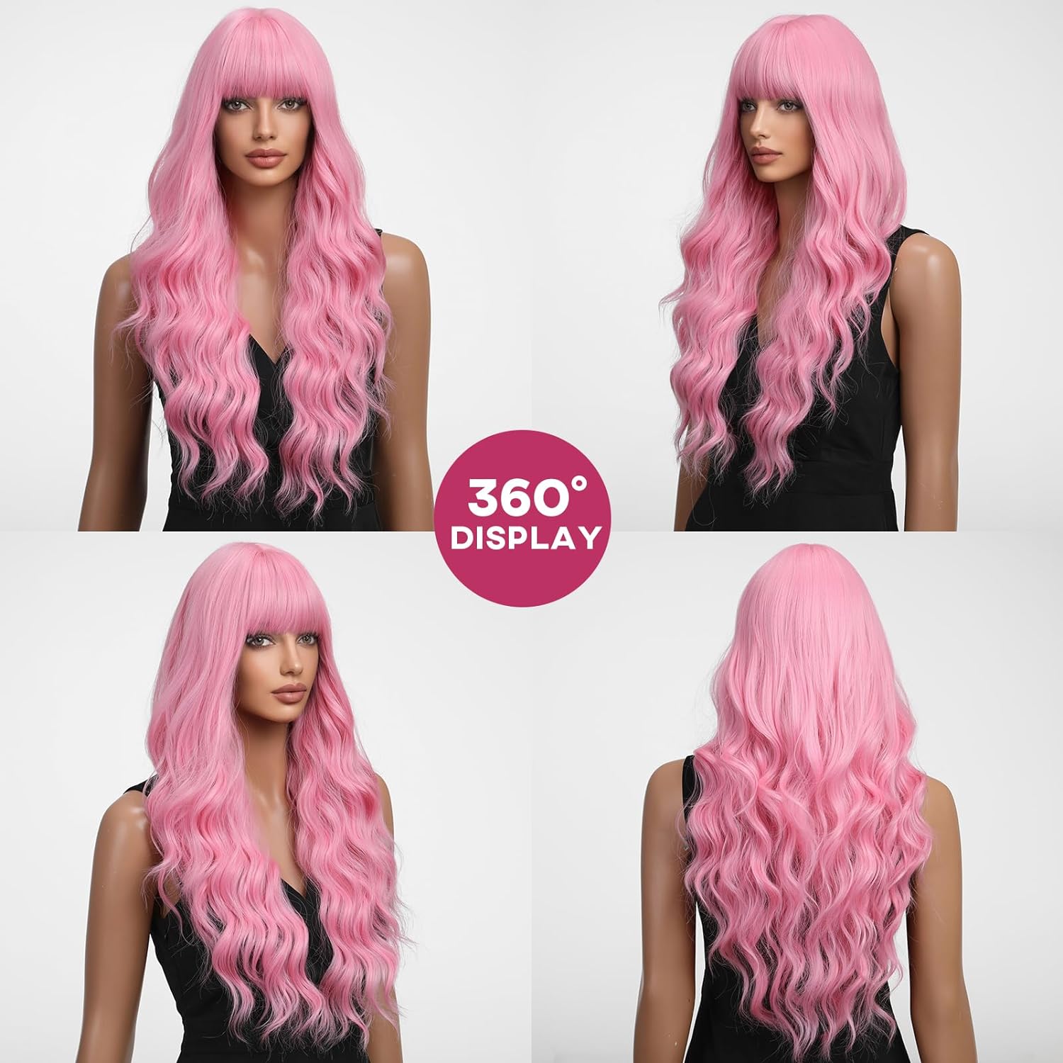 Pink HENRY Synthetic MARGU Wig With Bangs Long Pink Curly Wigs For ddmysmile Women Heat Resistant Fiber Wigs For Girls Cosplay Party Use Smile