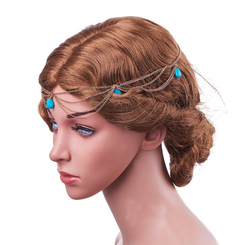 Turquoise Jewelry Unique Head Chain Headband Boho Tassel Chain Hair Band Party Headpiece Festival Prom Wedding Headband for Hall smile