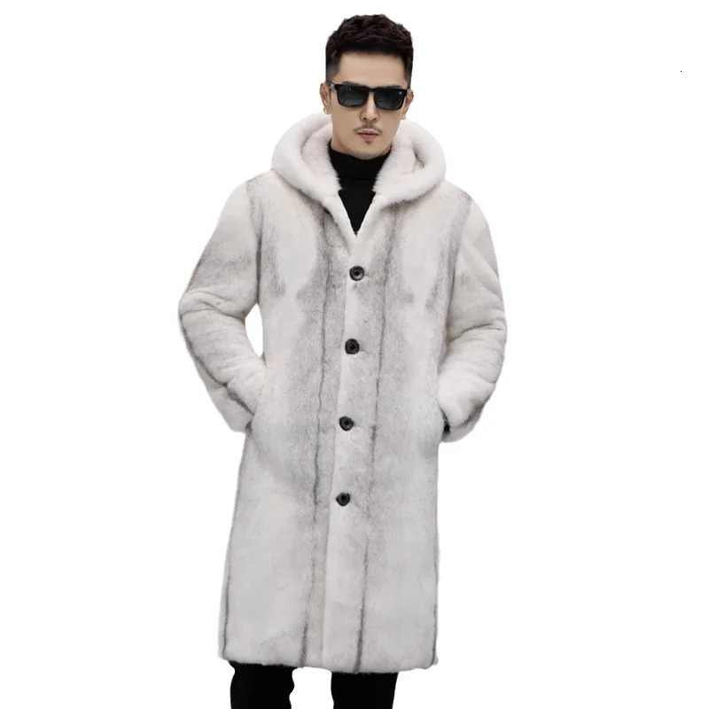 S-6XL size fashionable mens fur leather jacket white warm mink velvet mens coat loose outdoor sports and leisure long park 241112