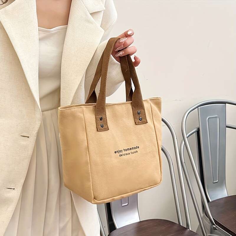 Canvas bento for office workers to bring food when going out, simple contrasting color fashion tote bag, lunch box bag