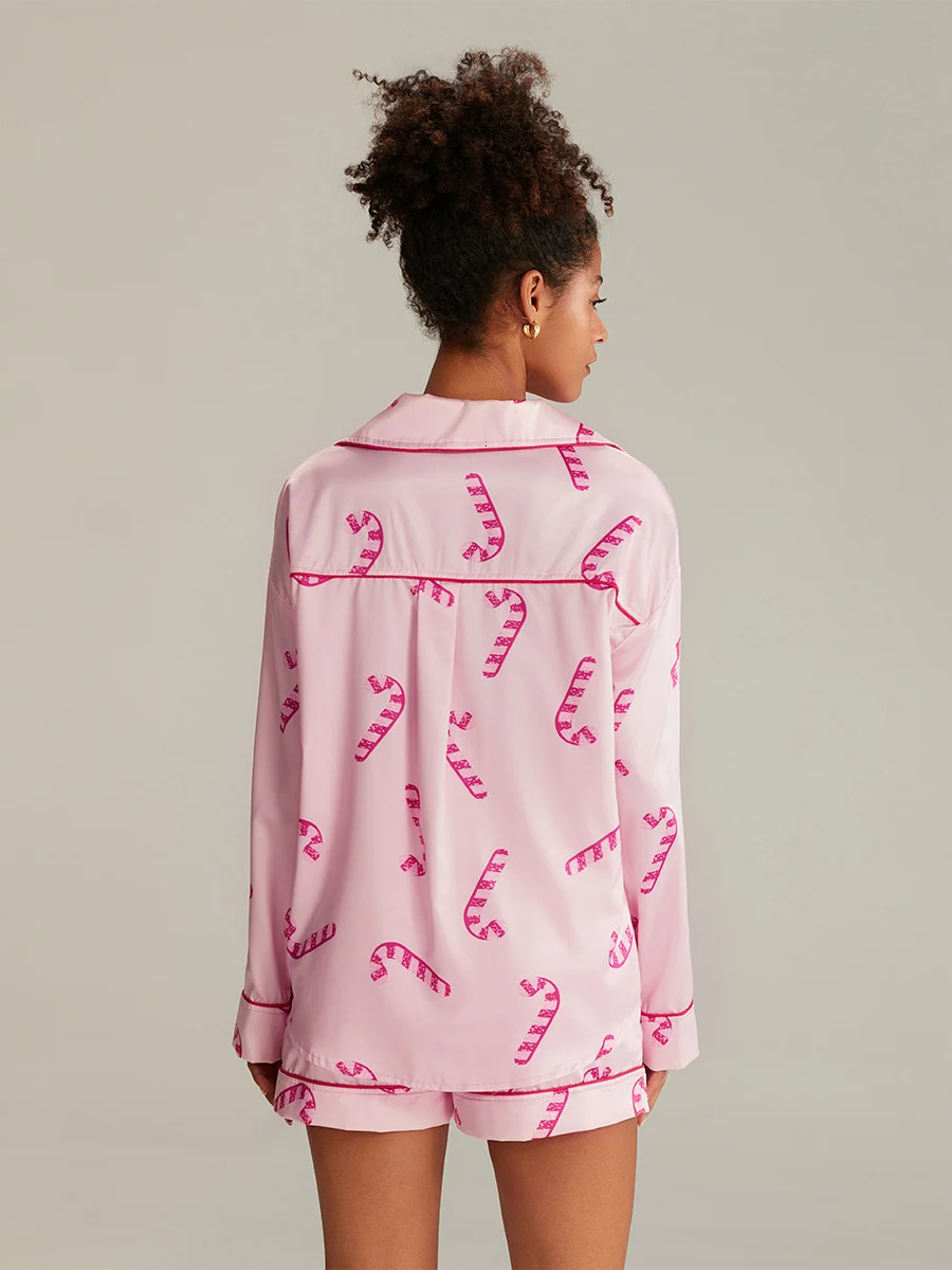 Christmas Pajamas Shorts Set for Women Santa Claus Pjs Long Sleeve Button Down ShirtPants 2 Piece Xmas Jammies Loungewear 241113