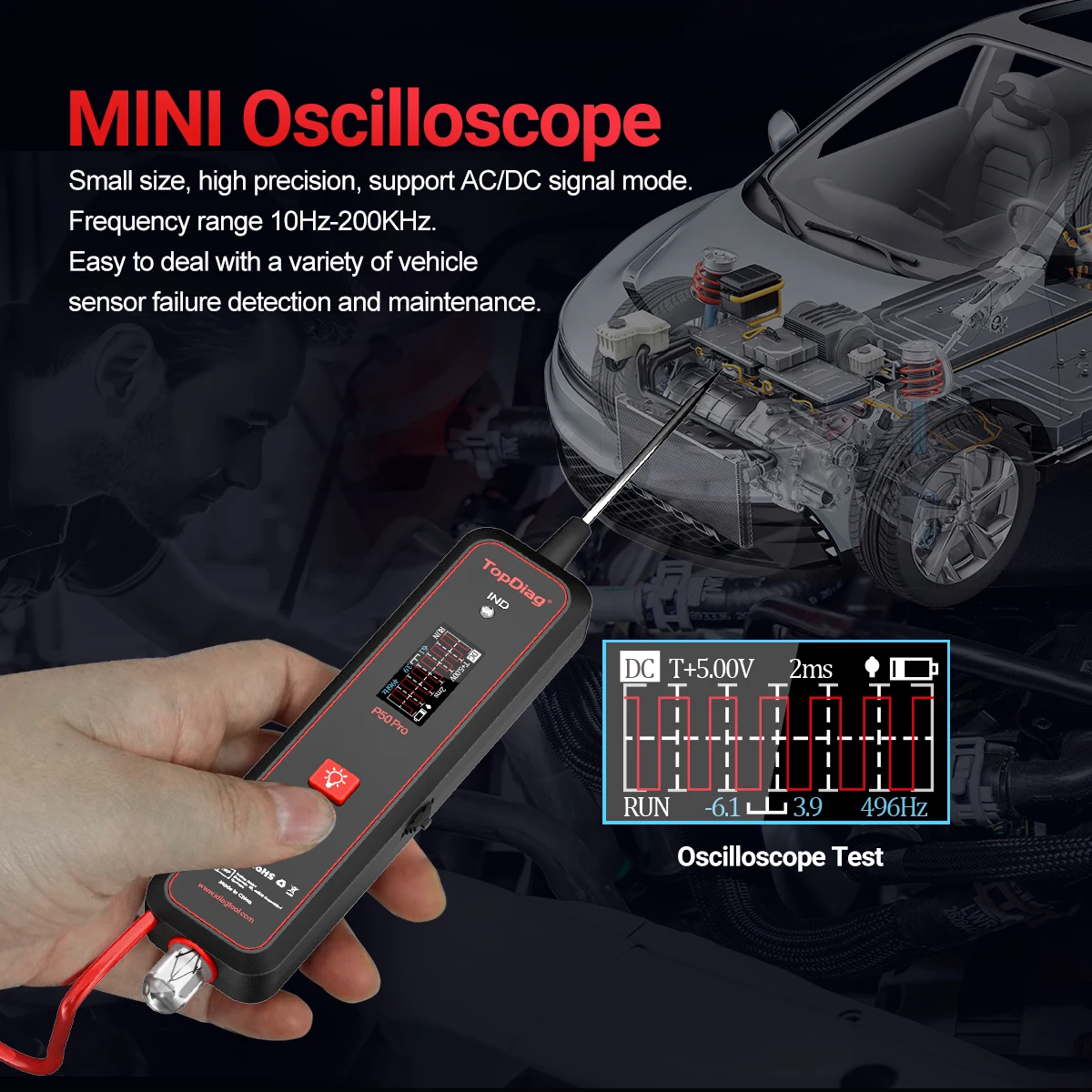 Topdiag P50 Pro Automotive Circuit Tester Electrical Oscilloscope Power Circuit Probe Kit 12V 24V Battery Car Diagnostic Tool