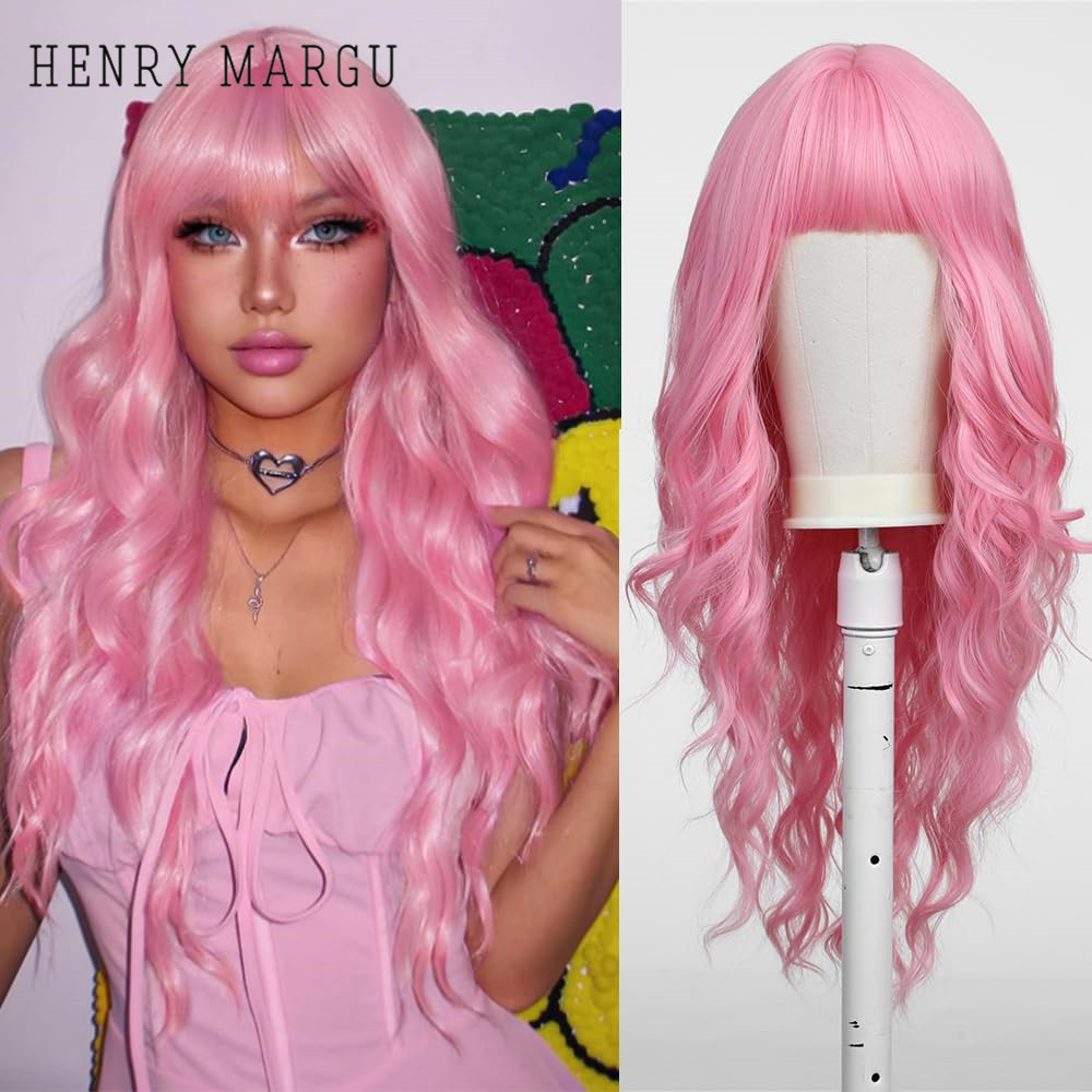 Pink HENRY Synthetic MARGU Wig With Bangs Long Pink Curly Wigs For ddmysmile Women Heat Resistant Fiber Wigs For Girls Cosplay Party Use Smile