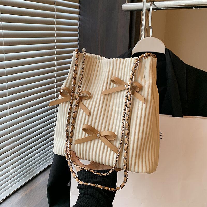 Drawstring Fashion Bucket Bag Korean Style Simple Casual Shoulder Summer Niche Pleated Handbag Bow Women's zhanyishengli