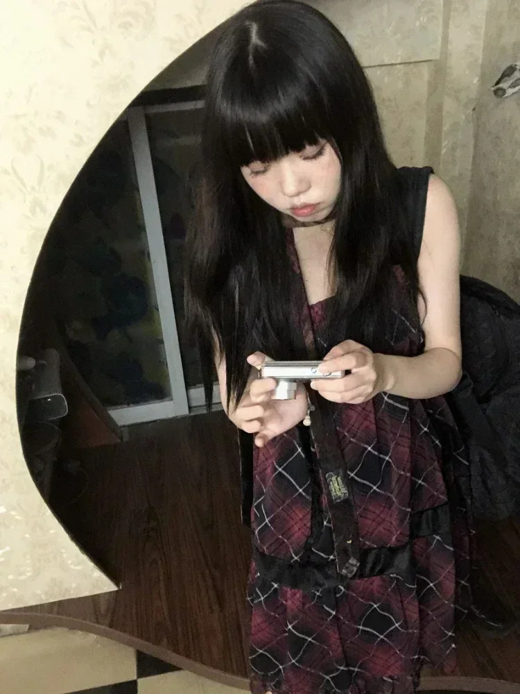 Deeptown Harajuku Goth Red Mini Plaid Dress Women Y2k Gothic Mall Cyber Punk Halloween Dresses Vintage One Piece Slip Vestidos 240329