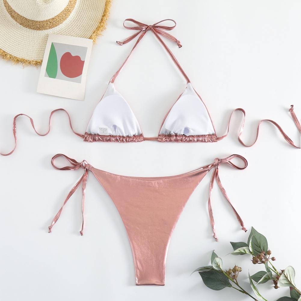 Bronzing Women's Sexy Bikini Set Surface Halter Bikini Set with Lace-up Briefs Sexy Beachwear Swimsuit for Quick Drying 2pcs/set smile