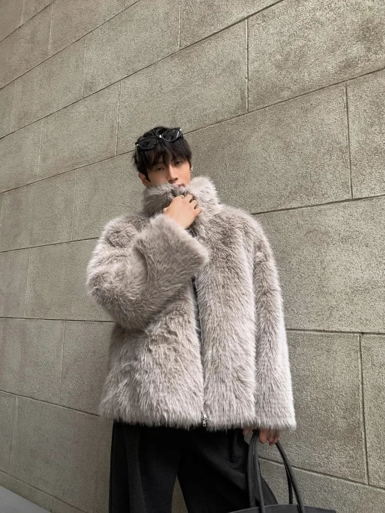 Korean Fashion Gray Eco friendly Fur Jacket Mens Winter Vertical Collar Street Wear Fur One Fur Coat 241113