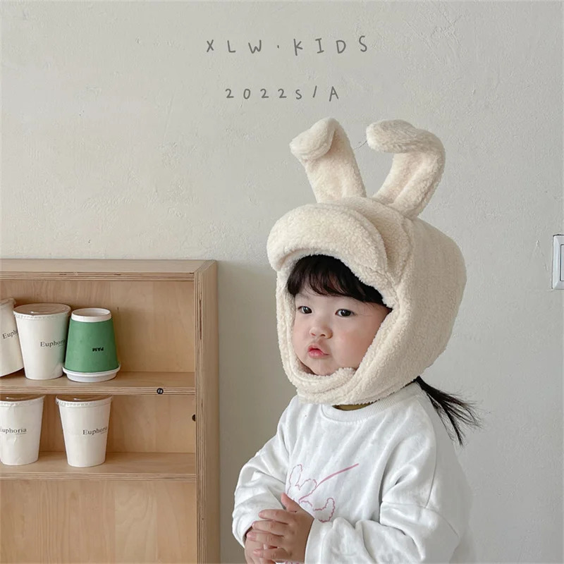 Winter Baby Hat kawaii Bunny Ears Warm Plush Baby Boy Girl Cap Ear Protection Hats Solid Color Soft Earflap Kids Cap 241112