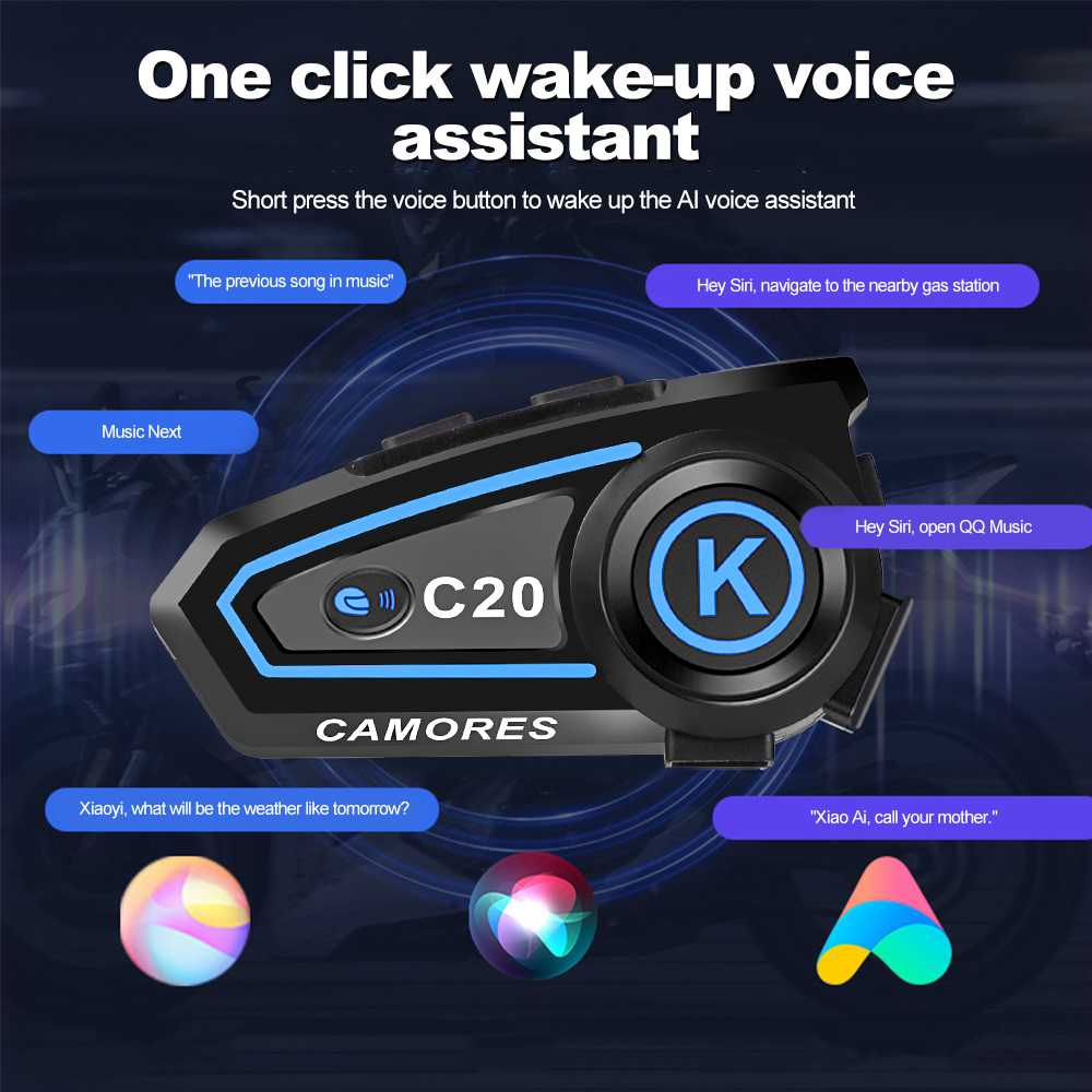C20 Motorcycle Helmet Headset Stereo Bluetooth Hands Free Call IPX6 Waterproof 1200mAh With Tri-Color Ambient Light