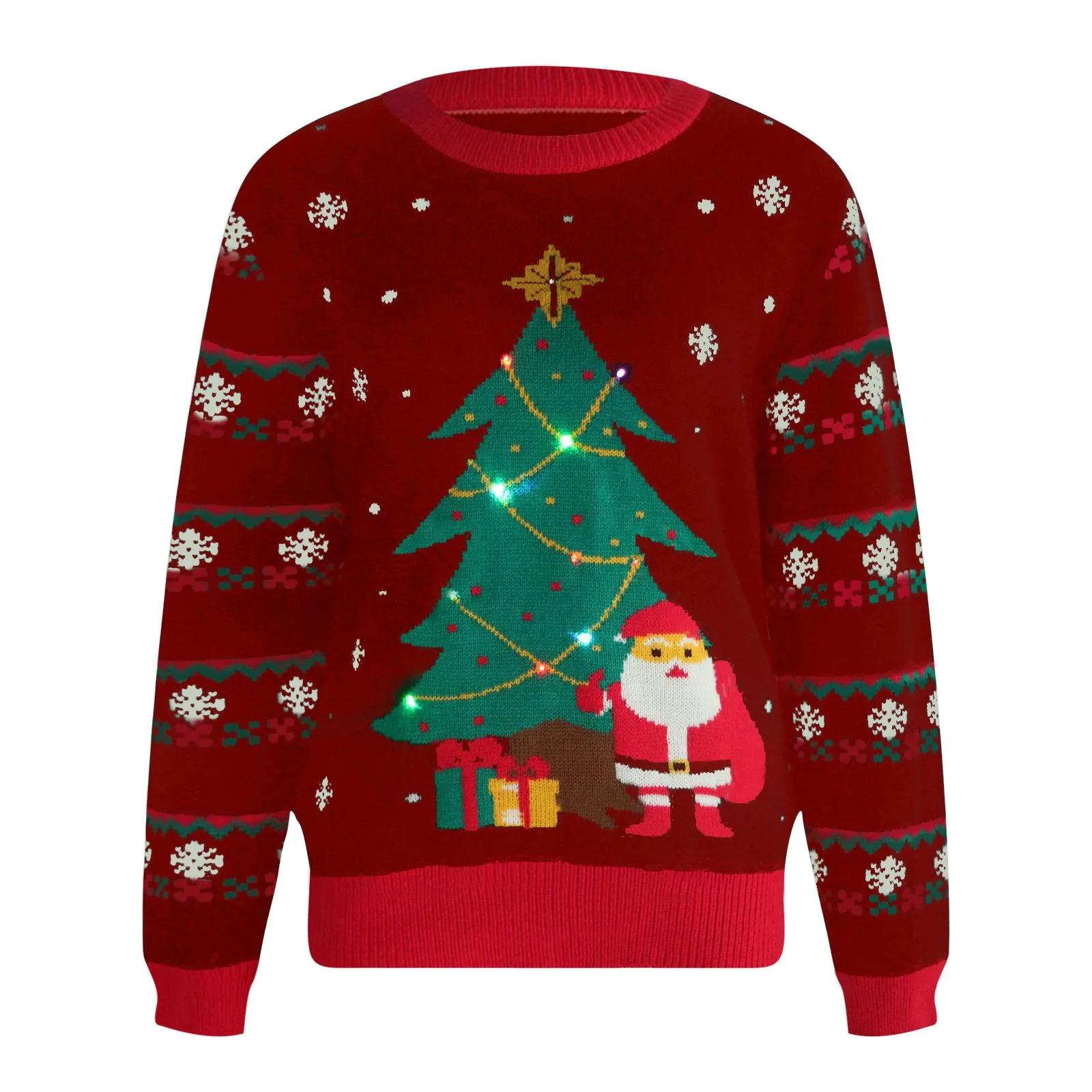 Womens round neck Christmas tree jacquard printed knitted sweater womens luminous Christmas sweater 241113