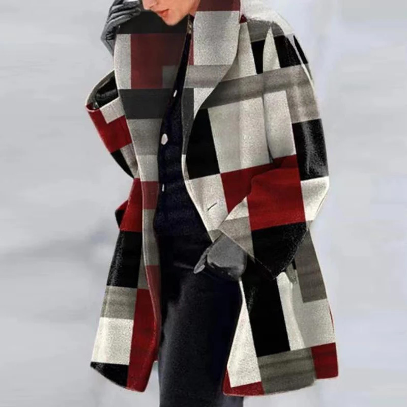 Autumn Women Heavy Wool Coats 2024 Lady Casual Button Cardigan Top Outerwear Fashion Female Printed Lapel Warm Winter Jacket 241108