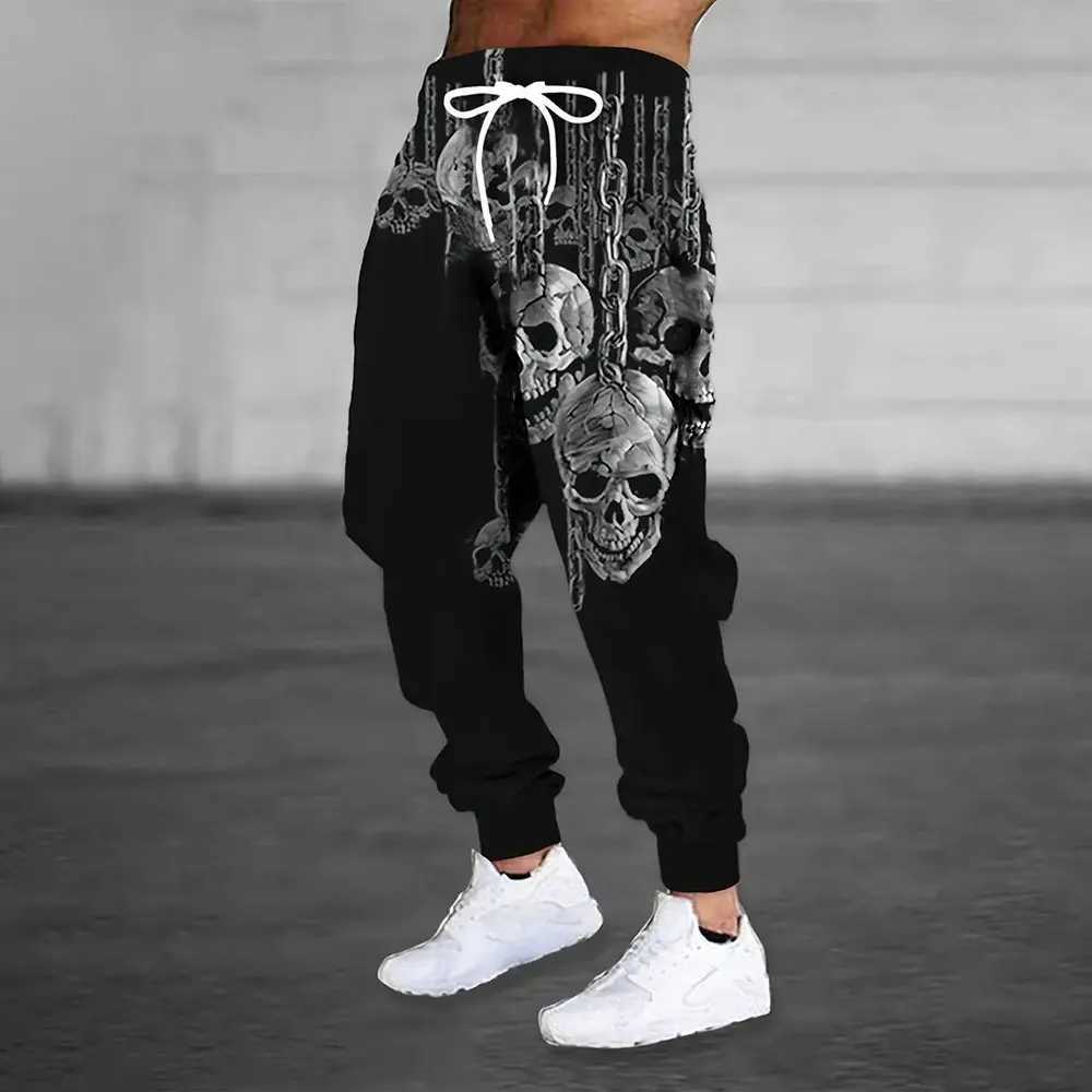 Mens Sweatpants Fashion Skull Chain Printed Sweatpants Mens Loose Casual Pocket Drawstring Sweatpants Winter Thick Warm SweatpantsXJ250303