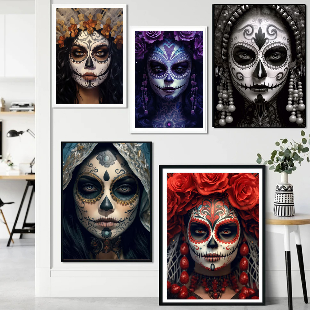 Traditional Ceremony La Catrina Skull Girls Canvas Painting Colorful Floral Figure Portrait Posters Day Of The Dead Home Decor