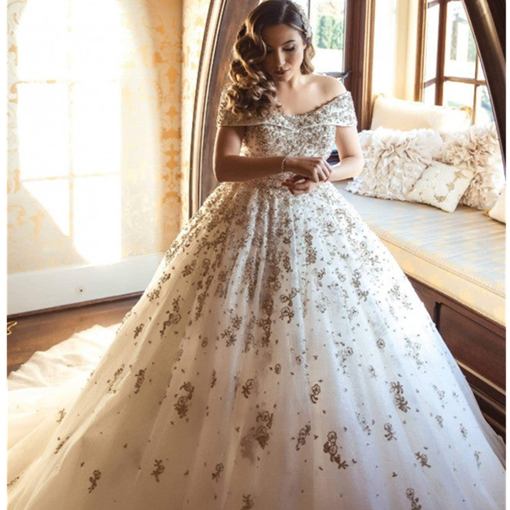 Princess Off The Shoulder Wedding Dresses Glitter Tulle Sexy Wedding Gown Appliques Boho Bride dresses Vestidos de novia