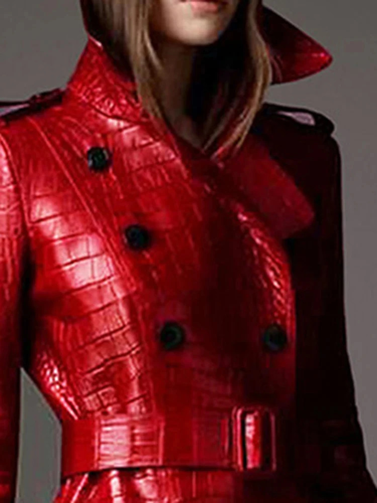 Lautaro Autumn Long Red Print Leather Trench Coat for Women Belt Double Breasted Elegant British Style Fashion 241122