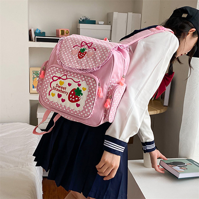 Japanese Schlool Bags Backpack Kids Cute Soft Girl Sweet Lovely Embroidered Fruit Strawberry Lace Girl Student Schoolbag Girl