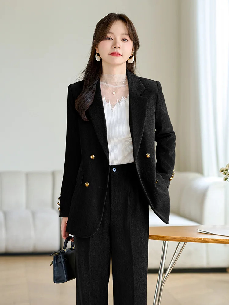 Winter Women Fashion Elegant Corduroy Pantsuit Vintage Chic Blazer Jackets and Pants Two Pieces Set Female Clothes Outfits 241113