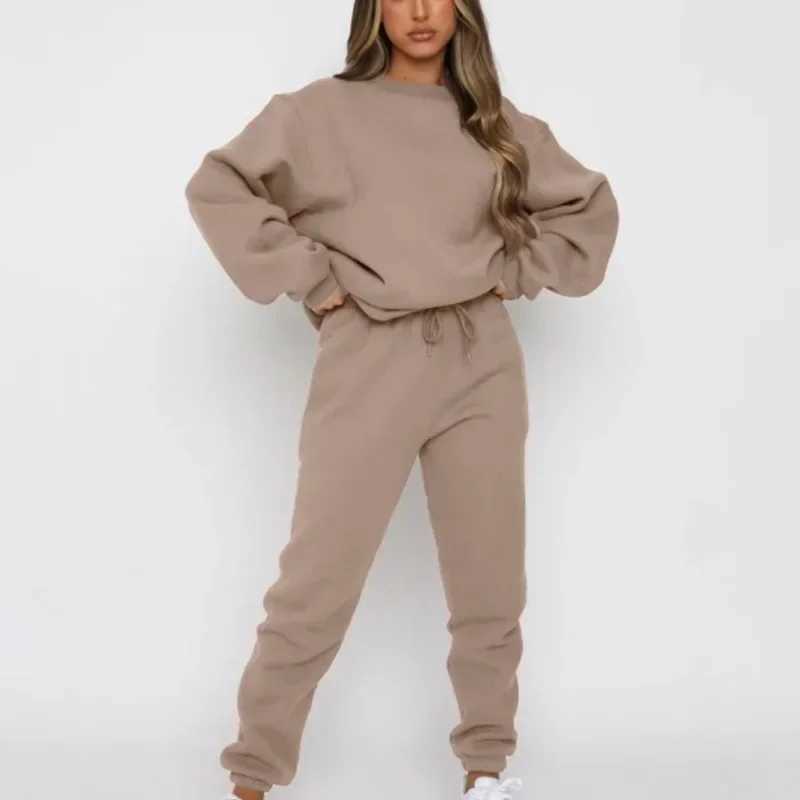 2024 European and American Spring and Autumn Solid Color Round Neck Hooded Pants Womens Fashion Casual Long Sve Hoodie SetX241112