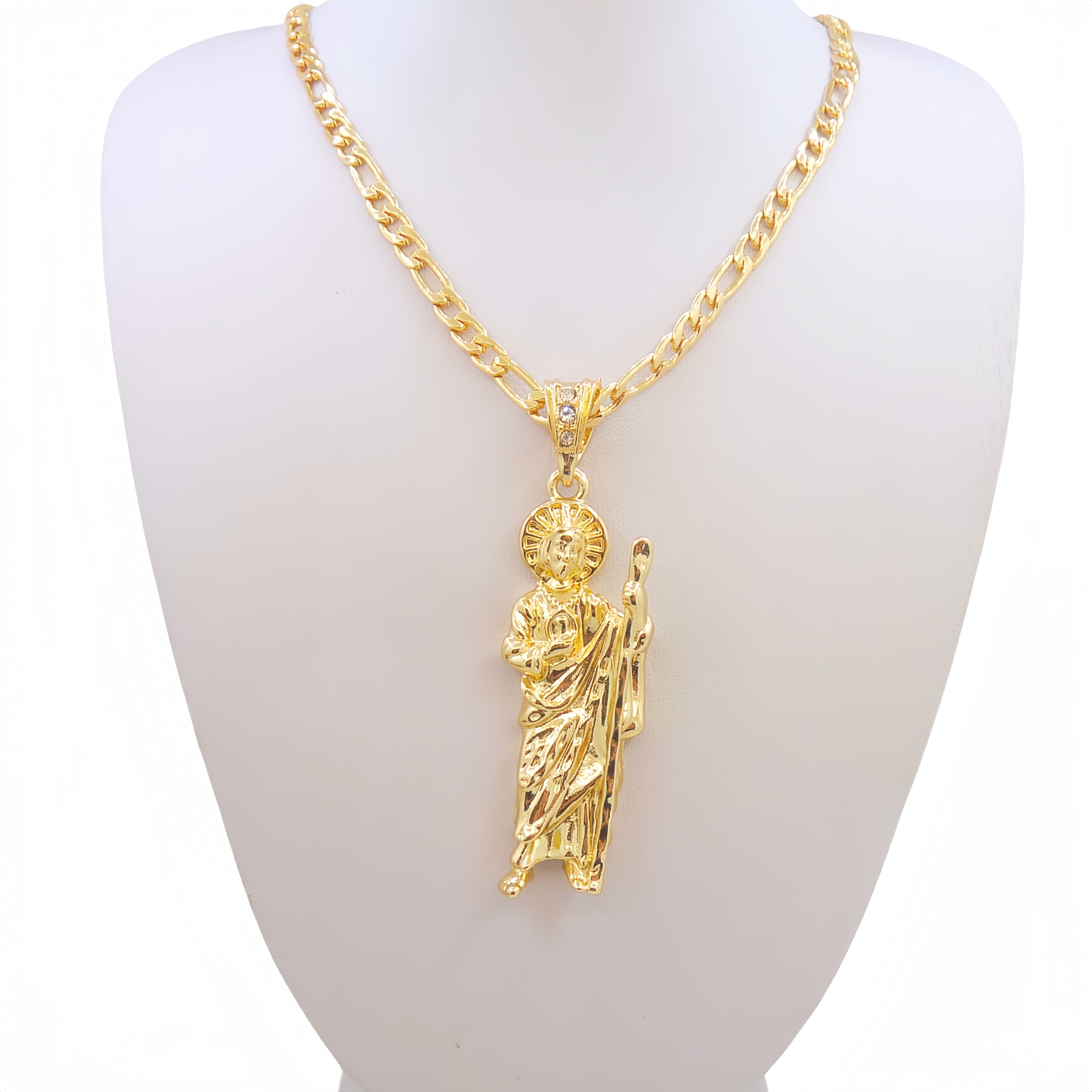 14K Gold Plated Figaro Chain Saint Jude San Judas Pendant Necklace