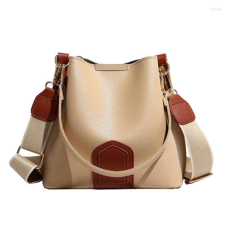 2025 NEW Drawstring Cross-border Textured Bucket Bag For Women Fashion Commuter Portable Shoulder Contrast Color Wide Strap Messenger zhanyishengli