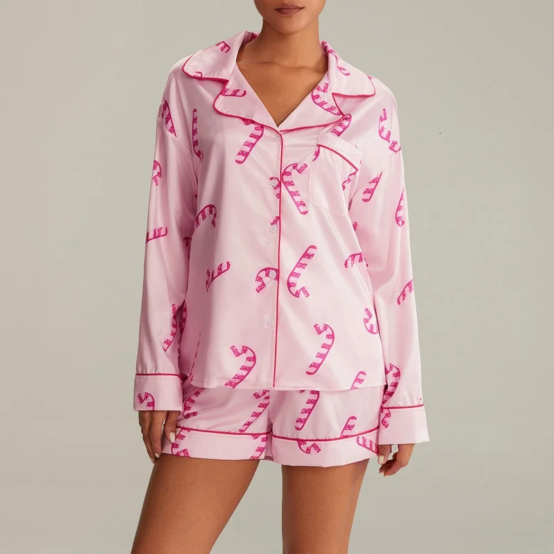 Christmas Pajamas Shorts Set for Women Santa Claus Pjs Long Sleeve Button Down ShirtPants 2 Piece Xmas Jammies Loungewear 241113