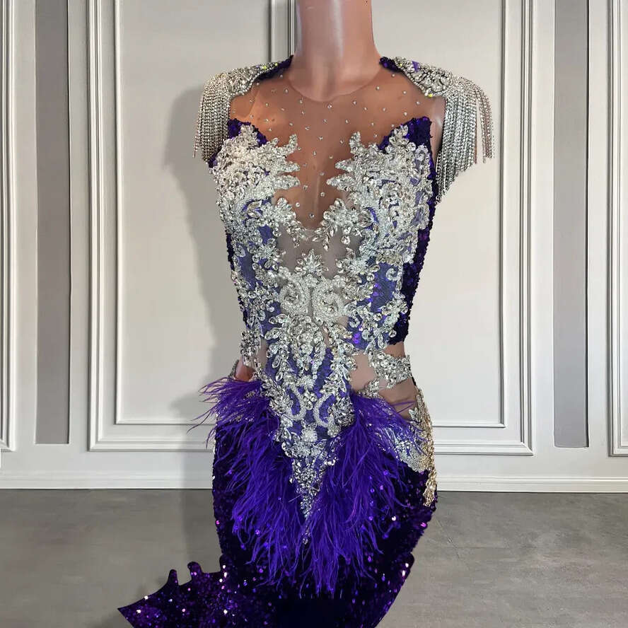 Sparkly Sequined Purple Prom Dresses Black Girls Beaded Tassel Long Evening Sheer Neck Party Ocn Graduation Gowns 0528