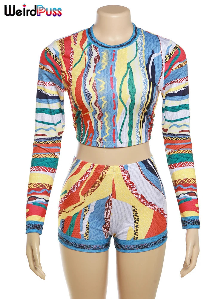 Weird Puss Colorful Print Tracksuit Women Two Piece Set Casual Long Sleeve Crop TopsShorts Festival Trend Matching Streetwear 240410
