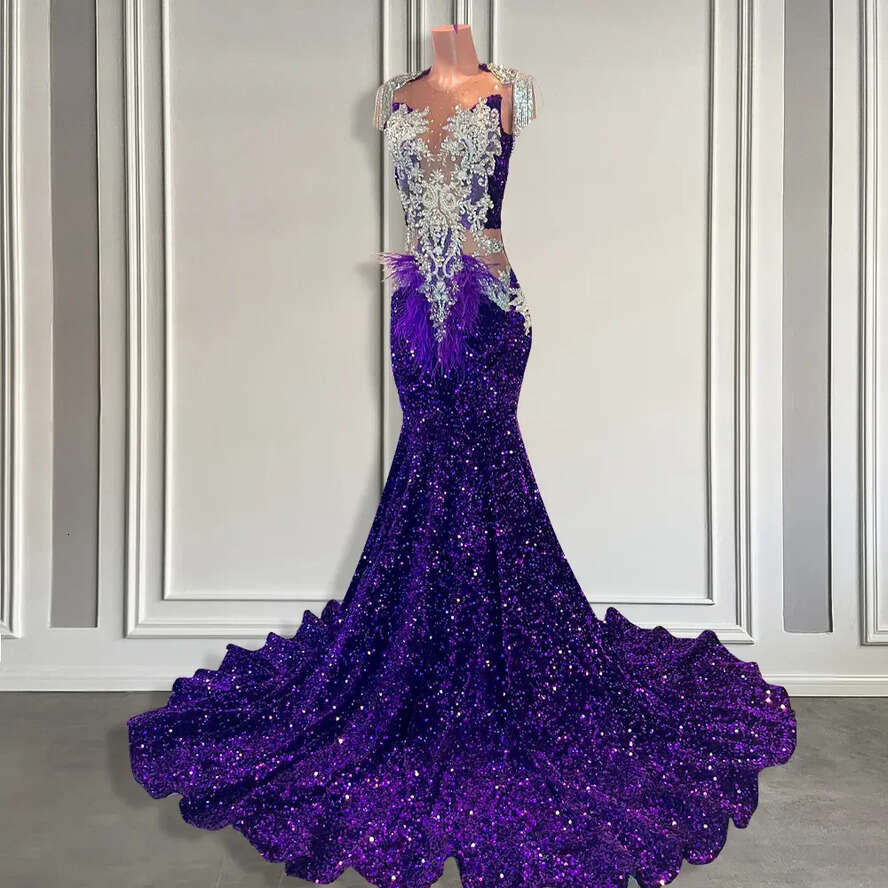 Sparkly Sequined Purple Prom Dresses Black Girls Beaded Tassel Long Evening Sheer Neck Party Ocn Graduation Gowns 0528