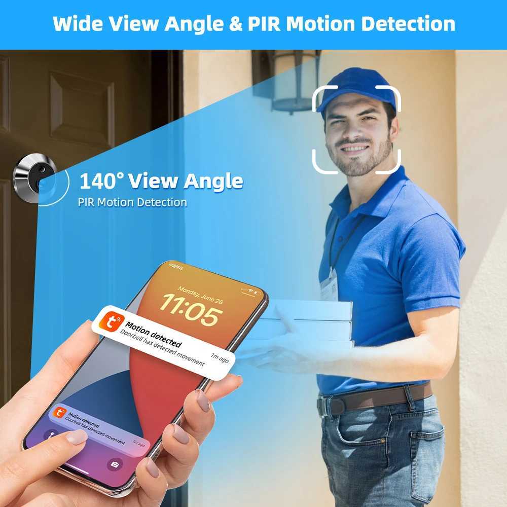 Doorbells Tuya Smart 3MP 140 Wide View Angle Mini Digital Peephole Eye Viewer WiFi IR PIR Detection Doorbell Door Camera Alexa Google z241113