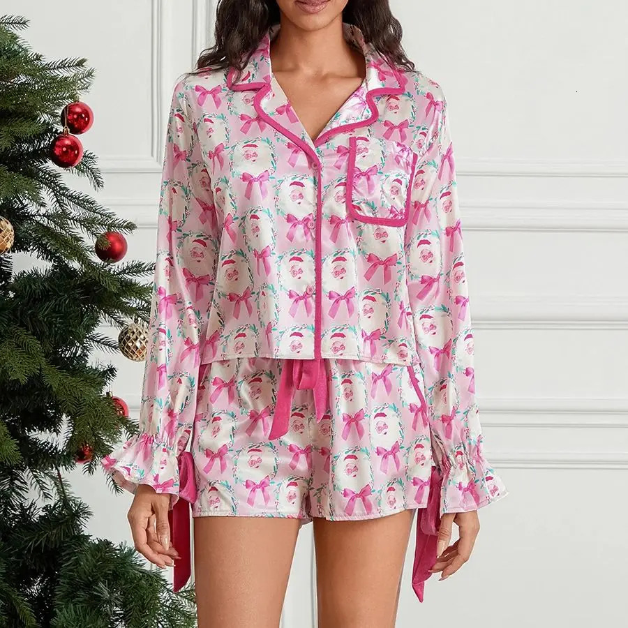 2025 Christmas Pajamas for Women Bow Tie Long Sleeve Shirt Shorts Satin Silk Funny Graphic 2 Piece Pjs Set Sleepwear 241113