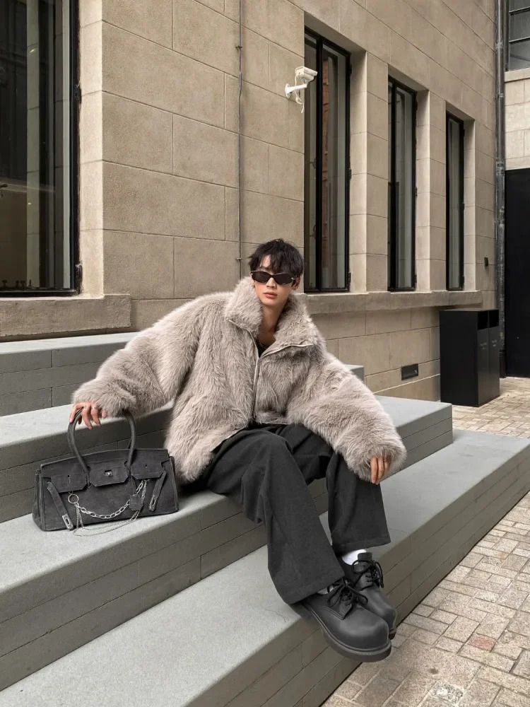 Korean Fashion Gray Eco friendly Fur Jacket Mens Winter Vertical Collar Street Wear Fur One Fur Coat 241113