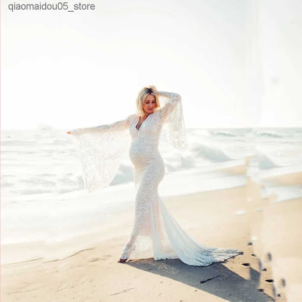 Maternity Dresses Pregnant Women Photography Dress Lace Womens V-neck Wrapped Flash Sleeves Maxi Baby Shower Photo Shooting Q240413