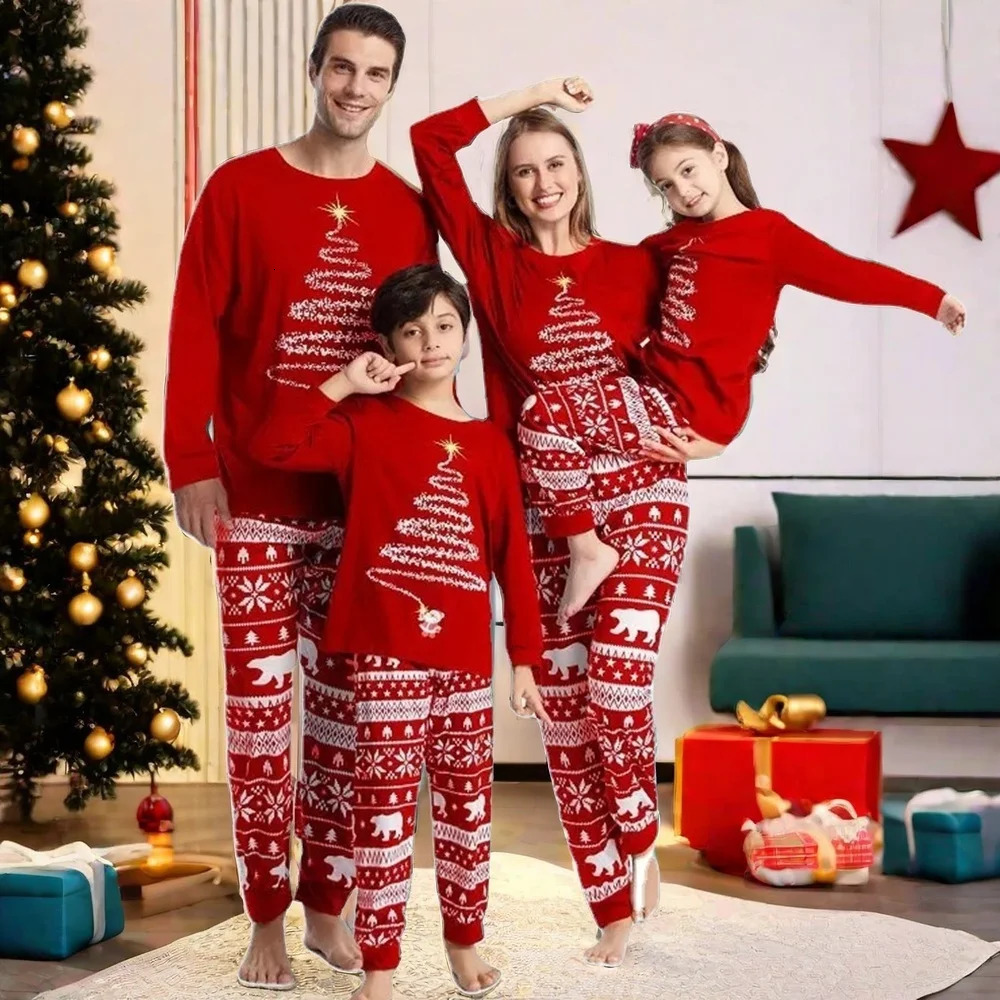 Family Christmas Matching Pajamas Set Red Firework Print Dad Mom Kids Homewear Comfortable Sleepwear Baby Romper Xmas Look 241112