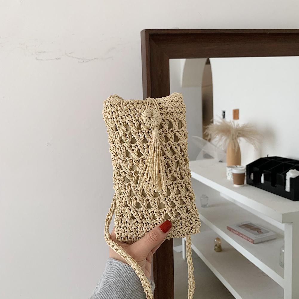 Beach Mobile Phone Bag Summer Mini Vintage Handmade Crossbody Starw Rope Straw Bag Girls Small Single Shoulder Purse 20x12cm