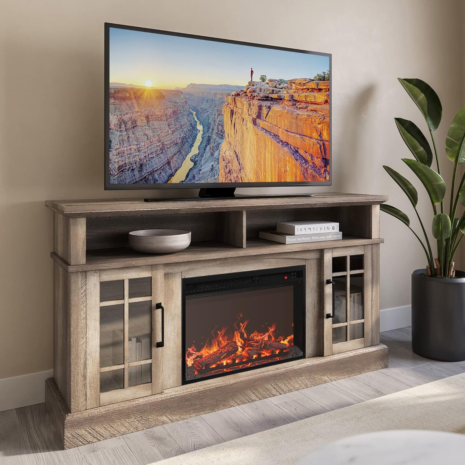 BELLEZE Traditional 58 Inch Rustic TV Stand with 23 Inch Electric Fireplace & Media Entertainment Center Console Table for
