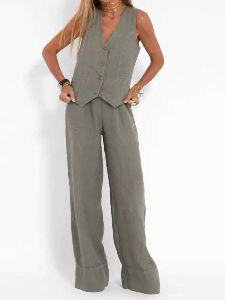 Womens Clothing 2024 Spring Summer New Fashionable Vest Pants Collage Splicing Pure Sveless Color Temperament Casual SuitXJ250106