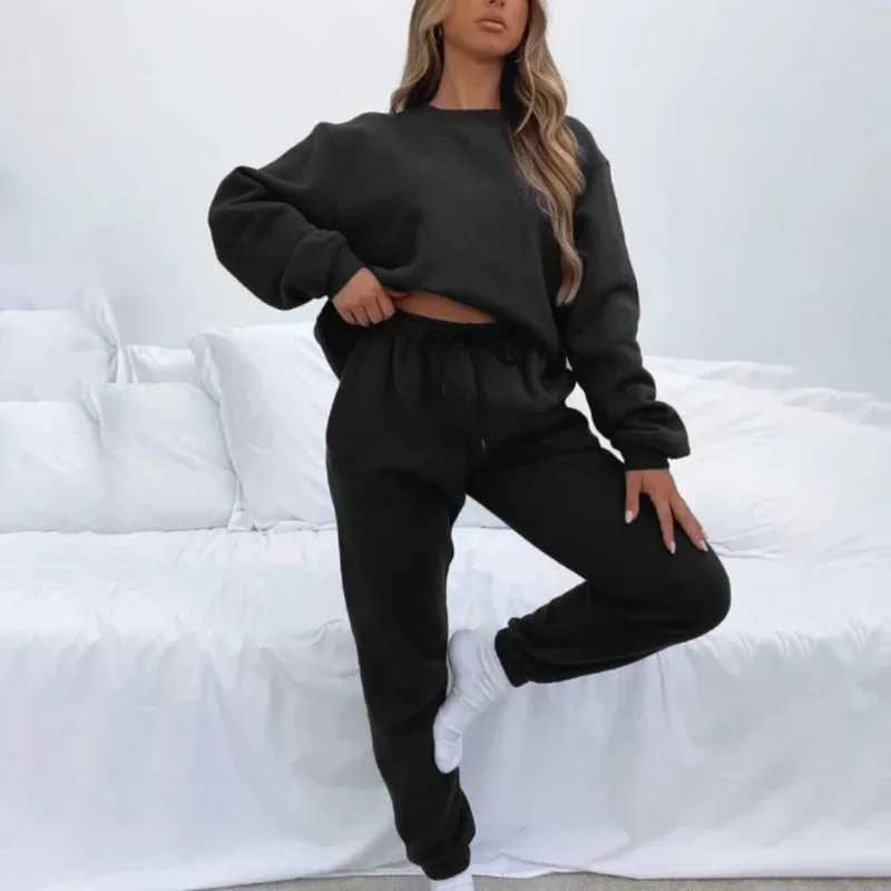 2024 European and American Spring and Autumn Solid Color Round Neck Hooded Pants Womens Fashion Casual Long Sve Hoodie SetX241112
