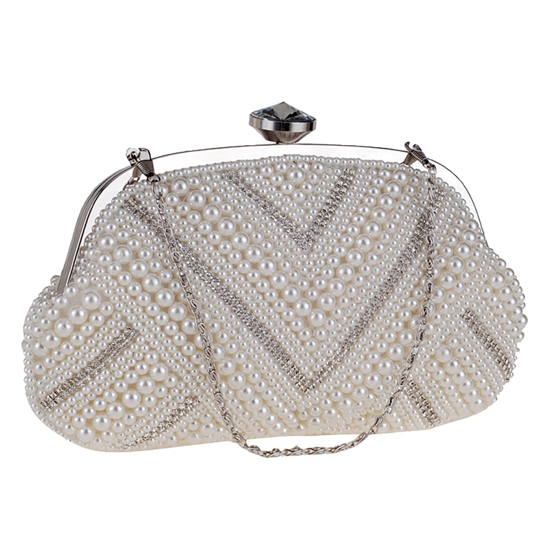 Beaded Women Evening Bags Vintage Embroidery Small Pearl Day Clutch Shoulder Chain Handbags Rhinestones Purse
