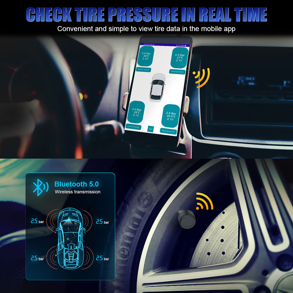 External Android/IOS TPMS Mobile Phone APP Display Car Tire Pressure Sensors Tire Pressure Monitoring System Bluetooth 5.0