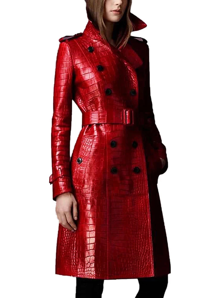 Lautaro Autumn Long Red Print Leather Trench Coat for Women Belt Double Breasted Elegant British Style Fashion 241122