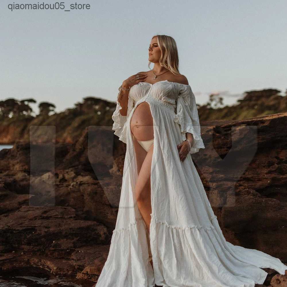 Maternity Dresses Bohemian photo shoot maternity dress one shoulder with split drag dress Photoshot clothing maternity photography props Q240413
