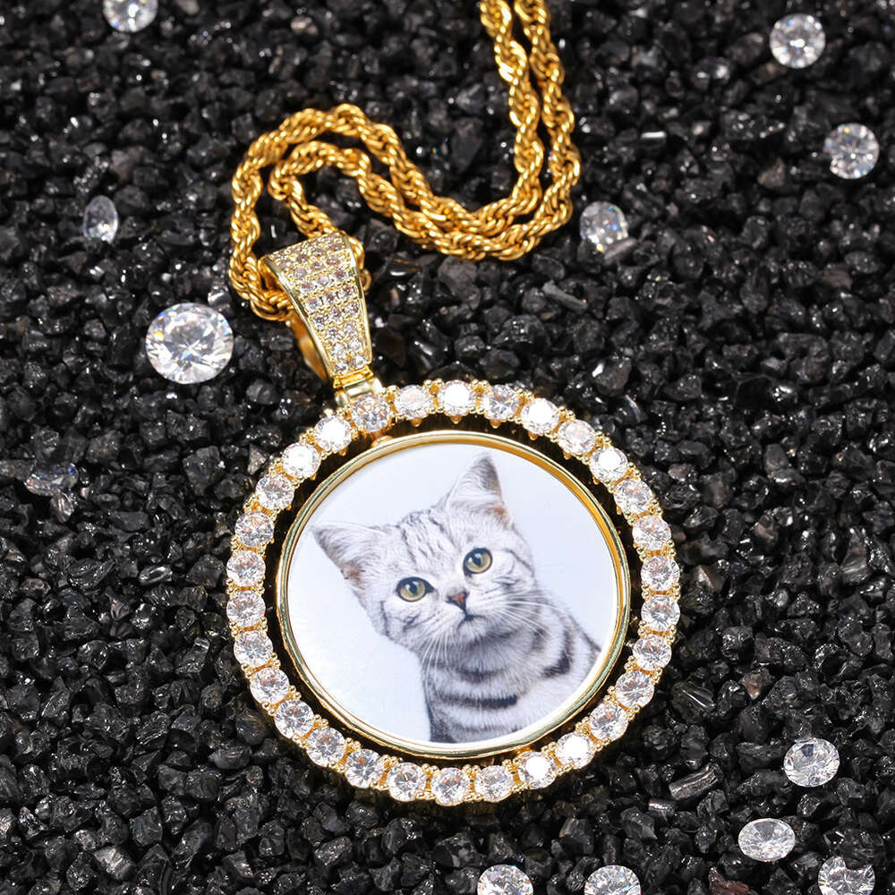 Rotating Double Sided Custom Photo Memory Pendant Necklace 14k Gold Plated Iced Out Cubic Zirconia Diy Picture For Men And Women Couple Lovers Memoria