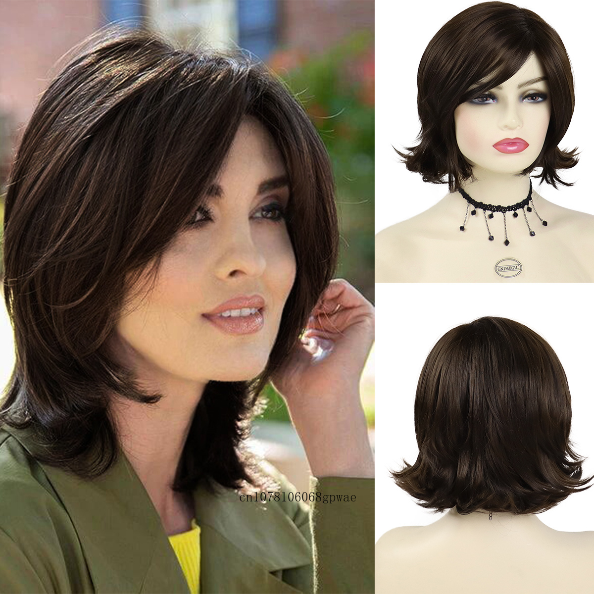 Hair Natural Deep Brown Synthetic Wig with Bangs Bob Cut Hair Short Curly Wig for Women Daily Cosplay Halloween Party Female Wig smile