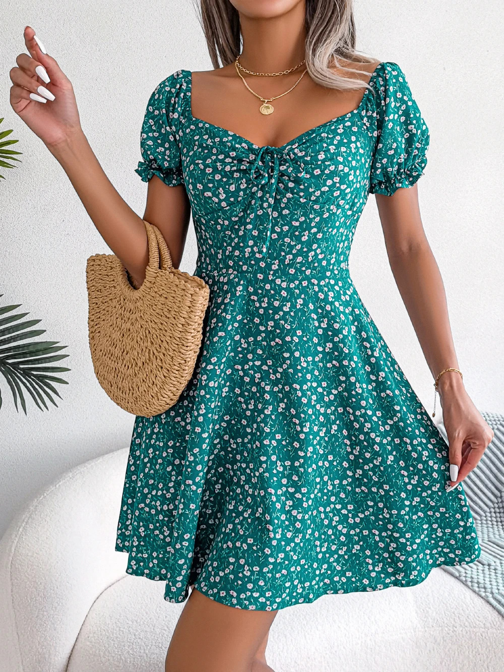 Women Casual Ruffles Short Sleeve Floral Print A Line Dress 240329