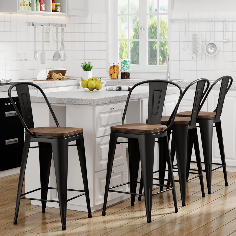 Yongqiang Bar Stools Set of 4 Height 30 inch Tall Kitchen Island Chairs Metal High Back stools with Wooden Sea