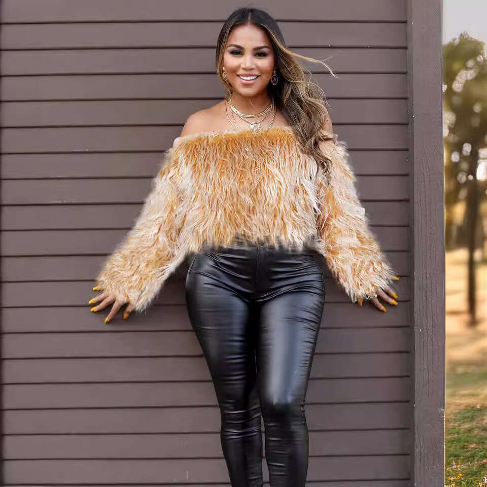 shanshi fur coat women Women's sexy one shoulder gradient color anti long fur short top