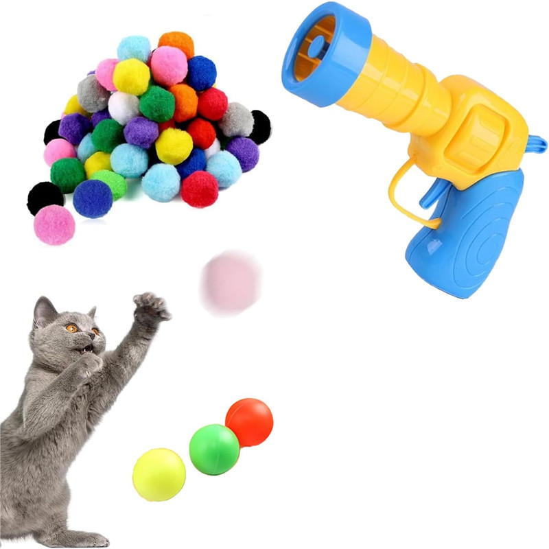1pcs Fuzzy Ball Shooter for Cats Interactive with 100pcs Soft Pom Pom Balls Cat Ball Toy Launcher Cat Fetch Toys for Cats Kitten