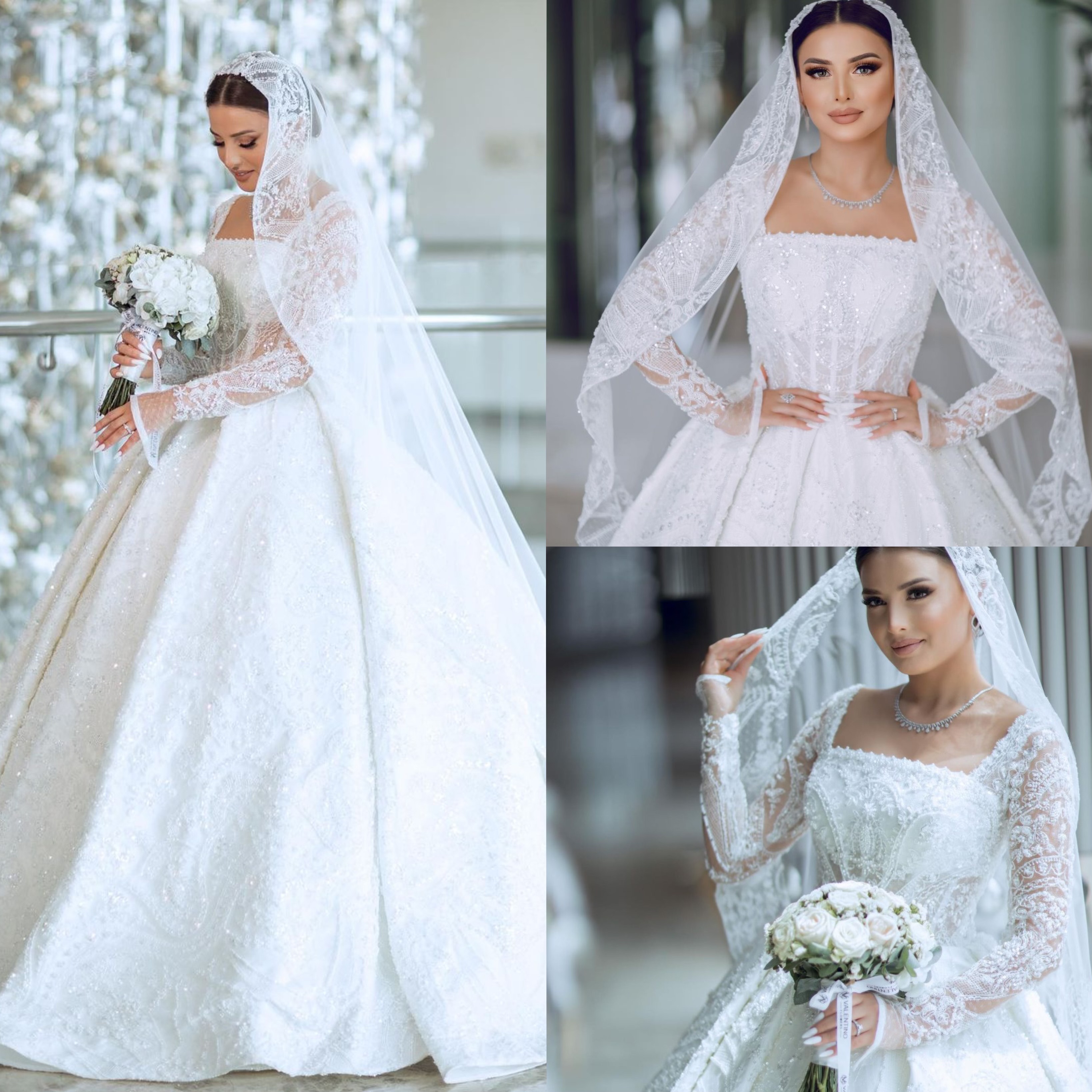 Saudi Arabic Ball Gown Wedding Dress Square Neck Long Sleeves Sequins Lace Wedding Dresses Ruffle Dubai R Bridal Gowns Plus Size 0616