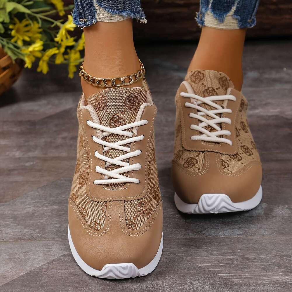 Breathable Women's Retro Rose Print Flat Low Heel Casual Sneakers, Lace-Up Running Shoes, Low-top Trainers