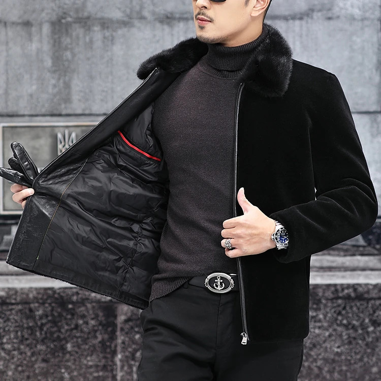 Mens autumn and winter fashion mink collar jacket mens long sleeved casual jacket mens genuine leather warm jacket S139 241112